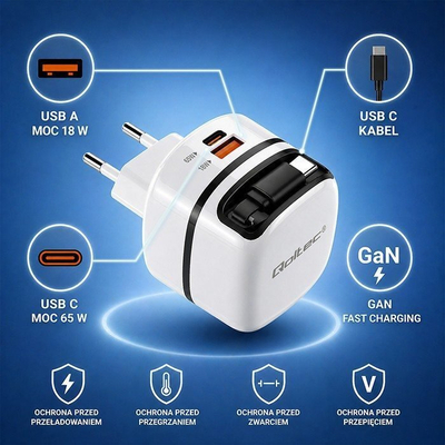 Karikuesi Qoltec GaN 65W, USB-C PD PPS, kabllo e tërheqshme, i bardhë