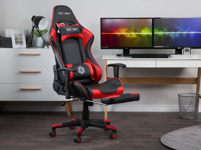 Karrige gaming Beliani VICTORY, lëkurë sintetike, me këmbëz, e kuqe e zezë