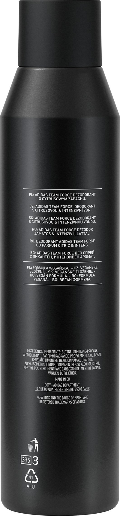 Deodorant sprej Adidas Team Force, 250ml, për burra, i zi