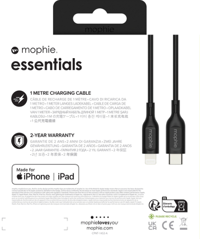 Kabllo karikimi Mophie Essentials USB C në Lightning, 1m, 60W, e bardhë
