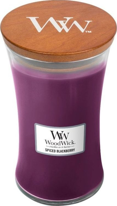 Qiri me erë WoodWick Spiced Blackberry, 609 g, me fitil druri, ngjyrë vjollcë
