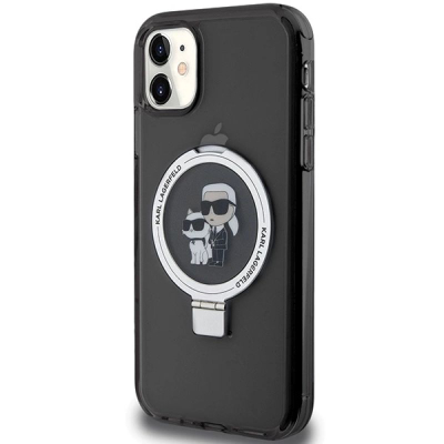 Kuti telefoni Karl Lagerfeld Ring Stand Karl &amp; Choupette MagSafe për iPhone 11 XR, me unazë stand, magnetike MagSafe, e zezë
