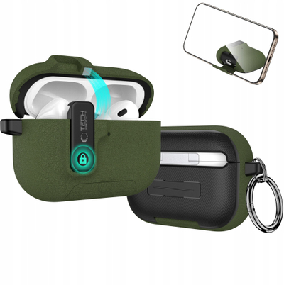 Kuti mbrojtëse Tech-Protect Slim Hook për AirPods Pro 3, polikarbonat, me karabinë, jeshile