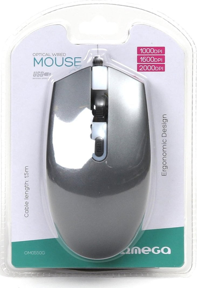 Maus Omega me gomë, 1000-2000 DPI, me kabllo, gri