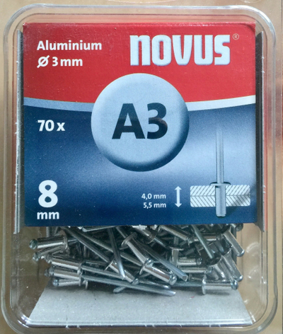 Thumba tuba alumini Novus A3, 3mm x 8mm, 70 copë, argjendtë