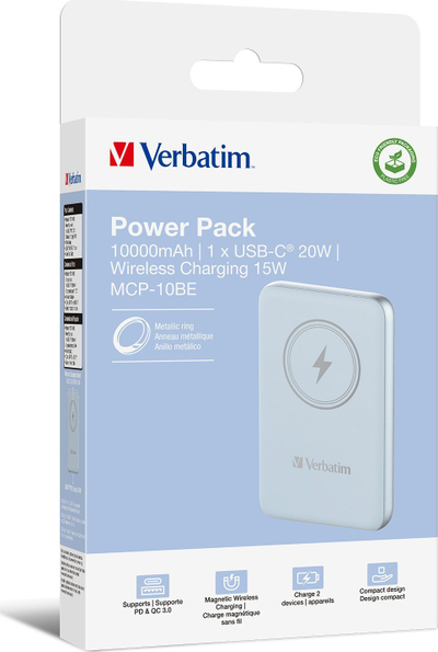 Power bank pa tel Verbatim Charge n Go, 10000mAh, karikim magnetik, blu