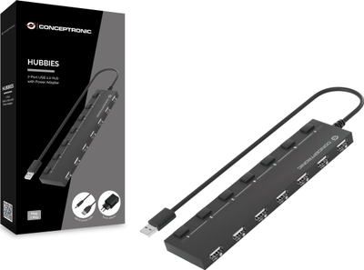 Hub USB Conceptronic HUBBIES08BP, 7 porta USB 2.0, me rrymë më vete, i zi