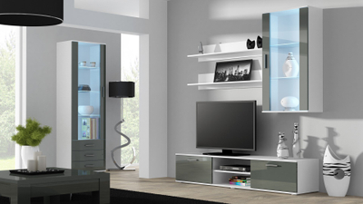 Komodë TV Chest Bed Meble Soho 180, MDF dhe panel i laminuar, e bardhë gri me shkëlqim