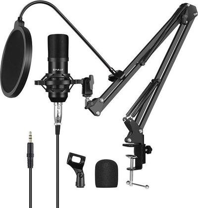 Mikrofon kondensator Puluz PU612B, për studio e transmitim live, me krah të lëvizshëm, i zi