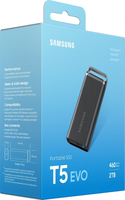 SSD i jashtëm Samsung T5 EVO, 2TB, USB 3.2 Gen 1, i zi