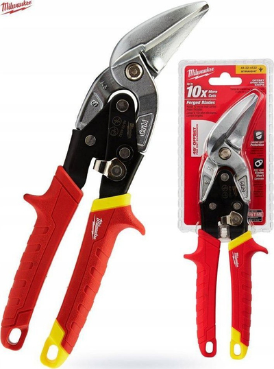 Gërshërë llamarine Milwaukee Offset Aviation Snips, 10", prerje e drejtë, të kuqe