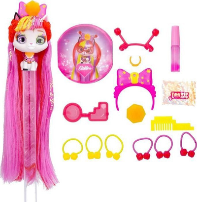 Lodër figurinë mace IMC Toys VIP Pets Cats, flokë 30 cm, aksesorë për stil, shumëngjyrëshe