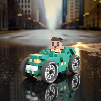Lodra konstruktore Marioinex Mini Waffle Cars, 50 copa, makinë vintage, blu me jeshile