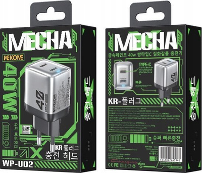 Karikues muri Wekome WP-U02 Mecha, 2 porta USB-C, 40W GaN, ngjyrë argjendi