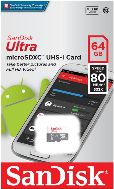 Kartë e memories Sandisk Ultra microSDXC, 64GB, 140mb/s