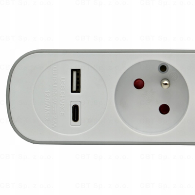 Zgjatues elektrik Plastrol, 5 priza Schuko, me ndërprerës, USB-A dhe USB-C, 1.5 m