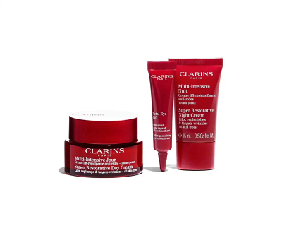 Set për fytyrë Clarins Rituale Multi-Intensive, krem dite 50 ml + krem nate 15 ml + krem për zonën e syve 7 ml + serum 0.9 ml + çantë kozmetike