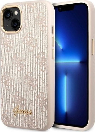 Mbulesë telefoni Guess për iPhone 14, PC TPU, kornizë metalike kamere, rozë
