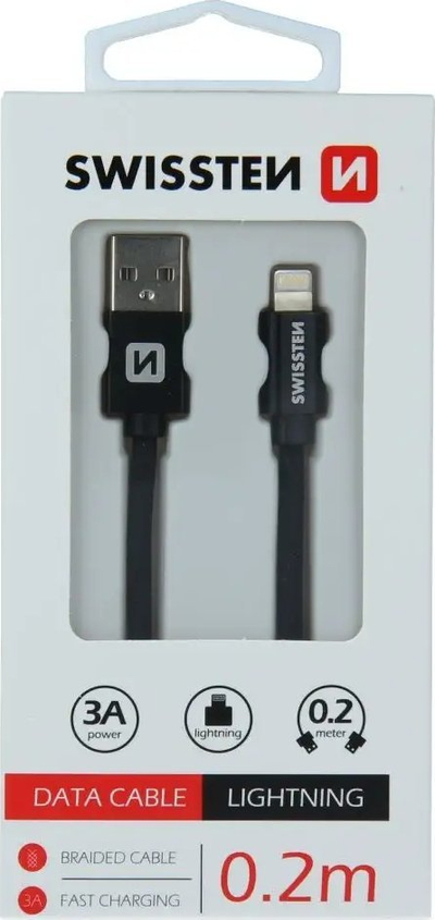 Kabllo Swissten Textile Lightning, 0.2m, USB 2.0, e zezë