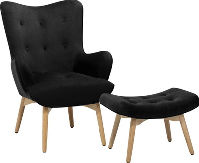 Set kolltuk me ottoman Wingback, kadife, me këmbë druri, i zi