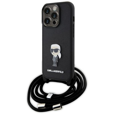 Futrollë Karl Lagerfeld Crossbody Saffiano Monogram për iPhone 15 Pro 6.1", me kordelë, e zezë