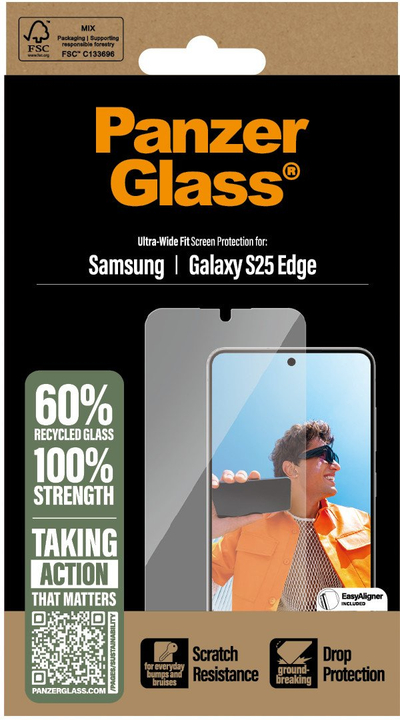 Заштитно стакло CARE by PanzerGlass Ultra Wide Fit, за Samsung Galaxy S25 Edge, заштитно стакло, проѕирно