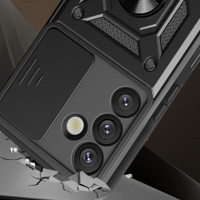 Mbrojtëse telefoni Hybrid Armor Camshield për Samsung Galaxy S25 Plus, kapak kamere, unazë mbajtëse, e zezë