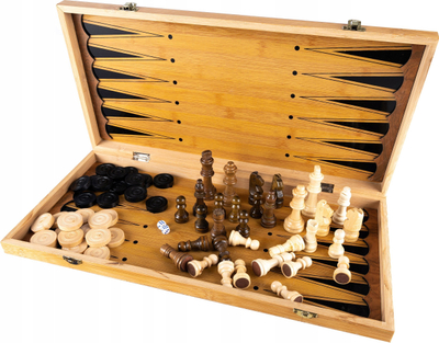 Set lojrash 3 në 1 Chess Checkers Backgammon Tryktrak, palosës, dru, ngjyrë natyrale