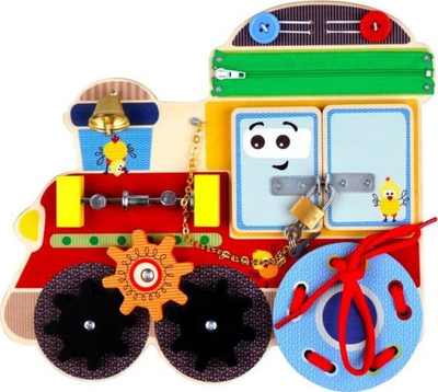 Lodër edukative Barbo Toys Train, panel aktiviteti druri, për fëmijë 3+
