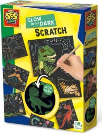 Set kreativ SES Creative Glow in the Dark Scratch Dinosaurs Classic, që shkëlqen në errësirë