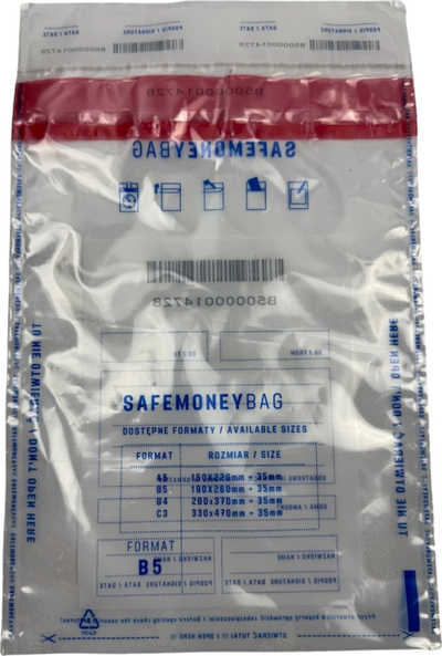Zarf sigurie Dymo SAFEMONEYBAG, B5 190x260+35mm, plastik transparent, 100 copë