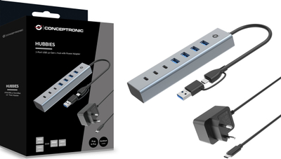 Hub USB Conceptronic HUBBIES20GP, 7 porta USB 3.0, 5Gbps, gri