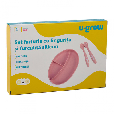 Set pjate me lugë dhe pirun U-Grow, silikon, për fëmijë, rozë
