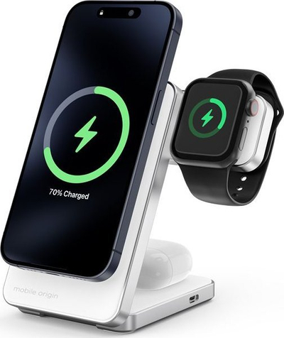 Karikues wireless Mobile Origin Qi2 CompactStand 3in1, MagSafe, palosës, i bardhë argjend