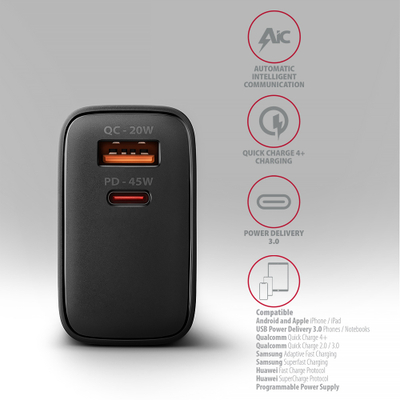 Karikues muri Axagon ACU-PQ45, 45W, 2 porta USB QC3.0 PD, i zi