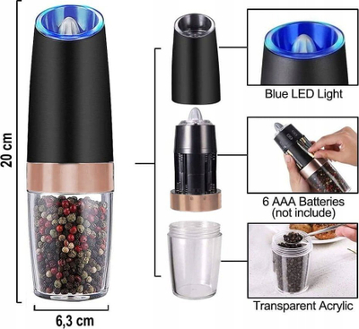 Mulli elektrik për kripë ose piper KINGHOFF KH-1724a, gravitet, ndriçim LED, i zi