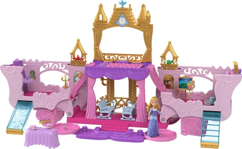 Set loje Disney Princess Carriage to Castle, karrocë që shndërrohet në kështjellë, me kukull Aurora, shumëngjyrësh