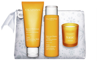 Set Clarins Tonic, balsam trupi 250 ml + xhel dushi 200 ml + qiri 50 g + çantë kozmetike