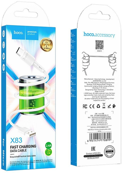 Kabllo USB Hoco X83 Victory, USB A në microUSB, 1m, 18W, e bardhë