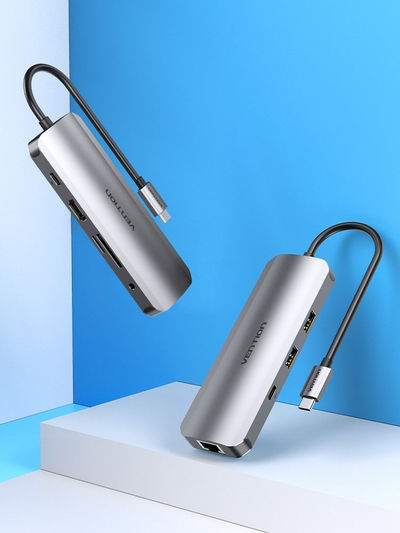 HUB USB C Vention TOMHB, me HDMI, RJ45, USB 3.0, Power Delivery, gri