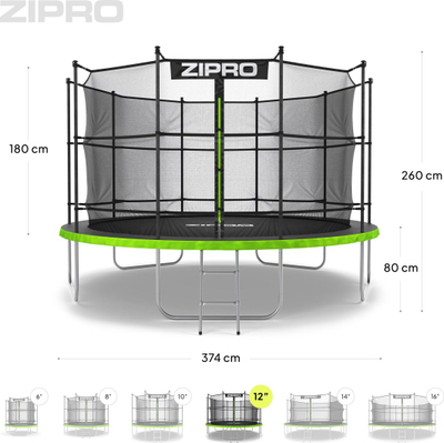Trampolinë kopshti Zipro Jump Pro, rrjetë e brendshme, 374 cm, jeshile e zezë