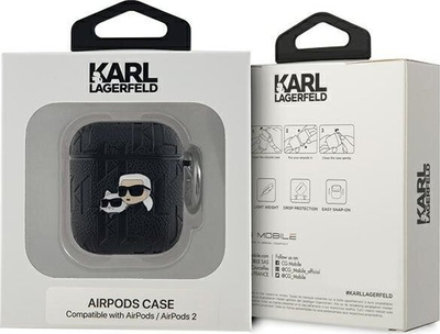 Mbulesë AirPods Karl Lagerfeld PU me reliev Karl dhe Choupette, për AirPods 1/2, me unazë, e zezë