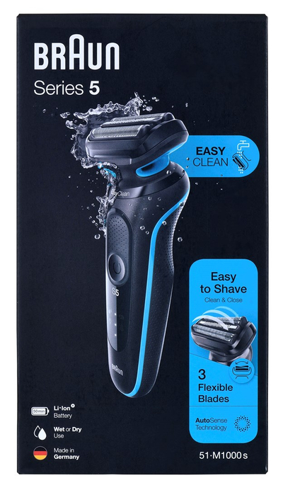 Brisk elektrik Braun Series 5 51-M1000s, 3 tehe fleksibile, i papërshkueshëm nga uji, i zi