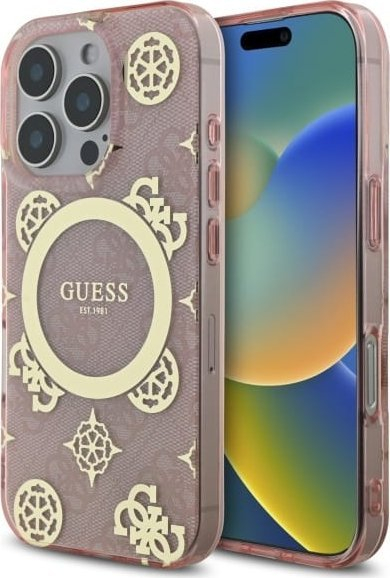 Mbulesë telefoni Guess IML Peony 4G MagSafe për iPhone 16 Pro 6.3", rozë