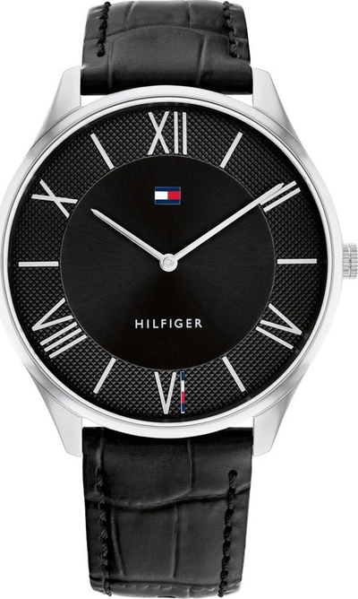 Orë dore meshkuj Tommy Hilfiger, 43mm, rrip lëkure, argjend e zezë