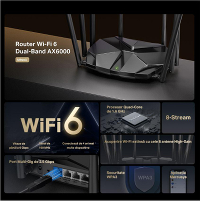 Router WiFi Mercusys MR90X AX6000, WiFi 6, 2.5 Gbps, i zi