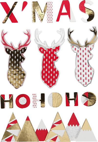 Stikera 3D Creotime Reindeer, set 15 copë, ngjitës vetëngjitës, të kuqe festive