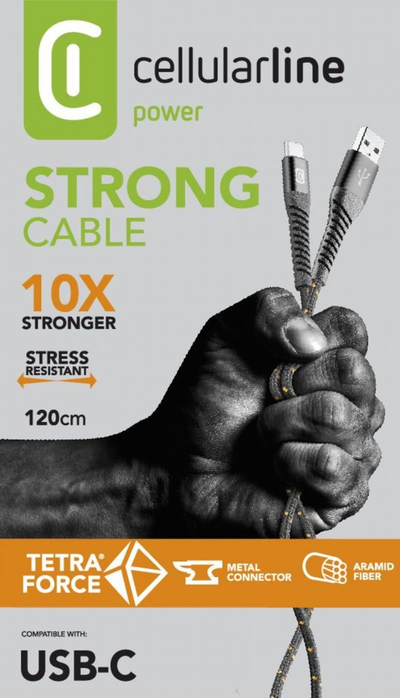 Kabllo USB-C Cellularline Extreme, 1.2 m, për karikim edhe të dhëna, i zi