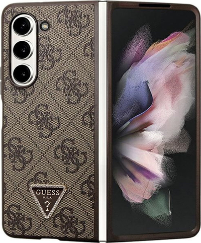 Kapak telefoni Guess për Samsung Galaxy Z Fold5, lëkurë PU, dizajn 4G me gurë të vegjël rhinestones, kafe