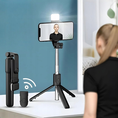 Selfie stick tripod univerzal, 3 në 1, telekomandë Bluetooth, llambë ndriçimi, i zi